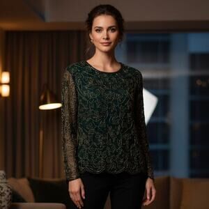 Vintage Stenay Green Allover Floral Beaded Long Sleeve Top Women's Size Large